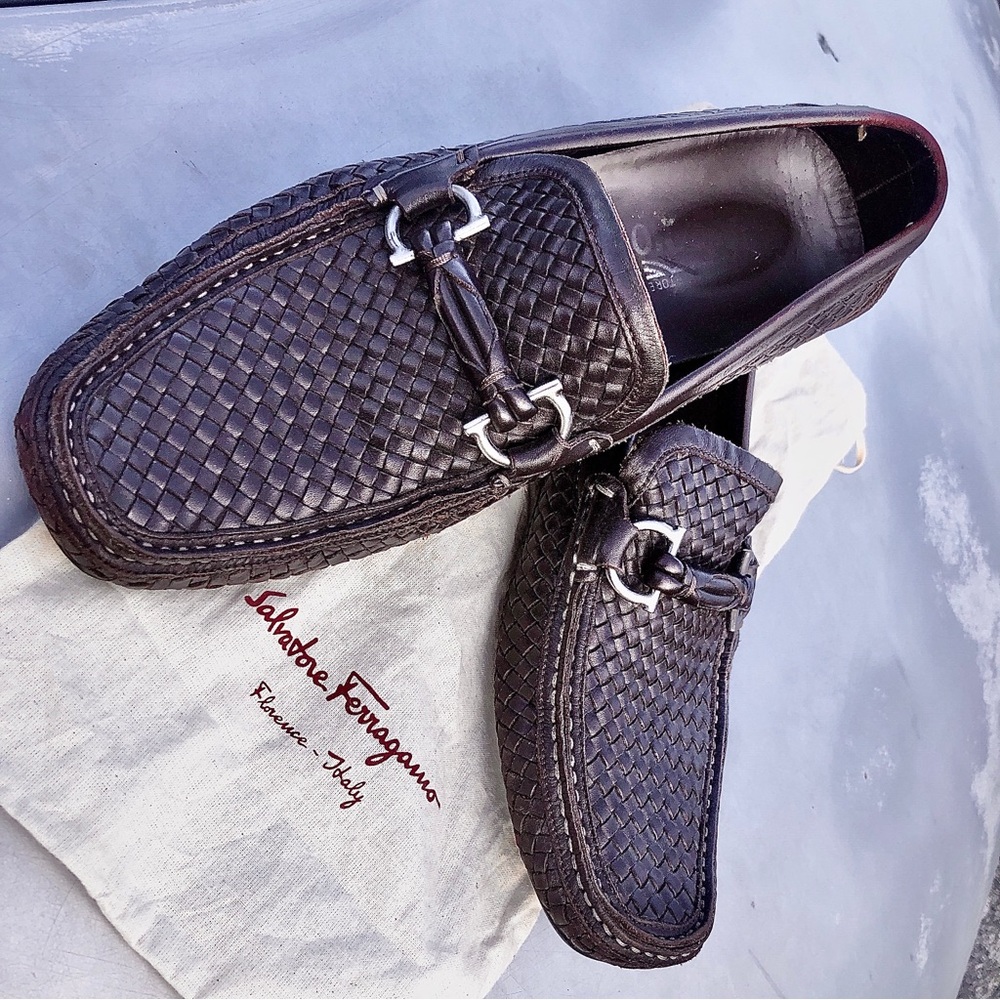 Salvatore Ferragamo Driving Woven Leather Parigi Gancini Loafers